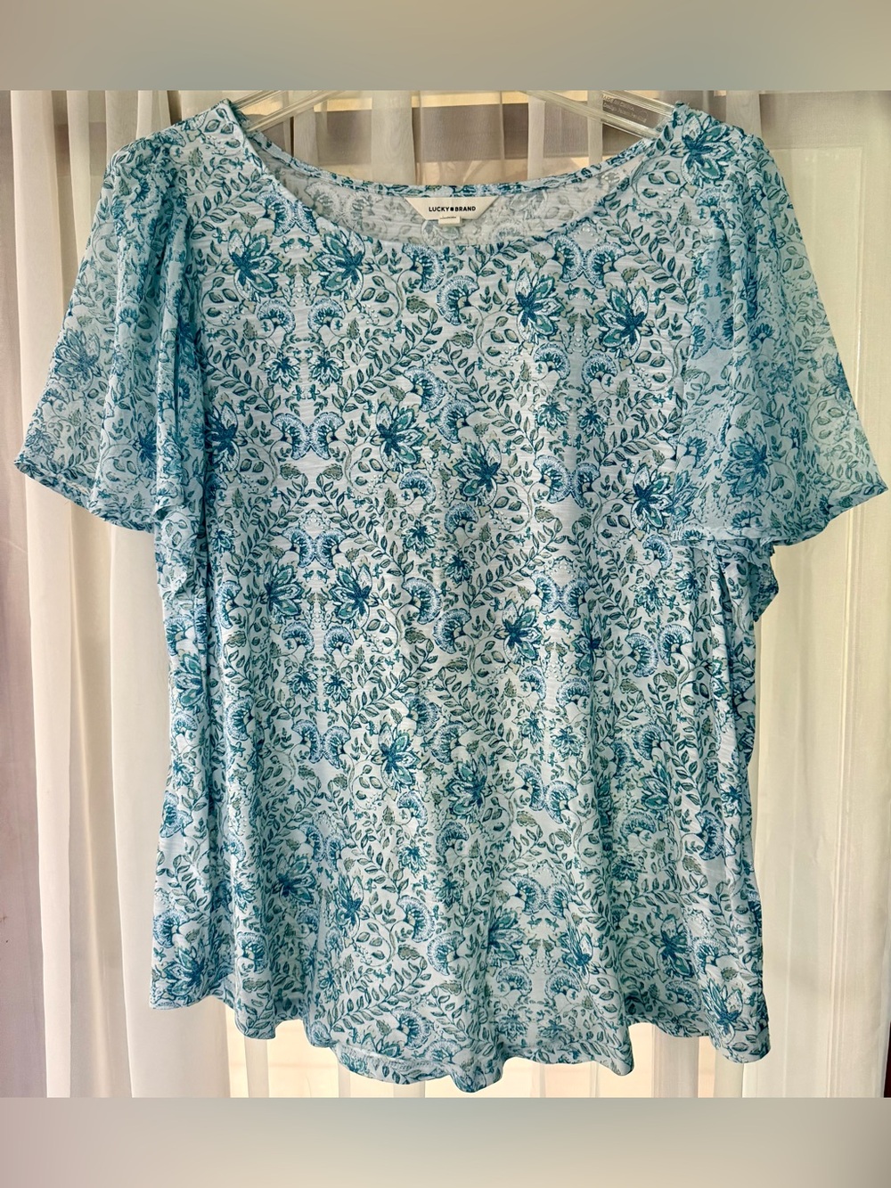 Lucky Brand Blue & Green Floral Shirt with Short Sheer Flutter Sleeves 1X